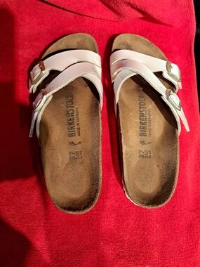 Birkenstock White Triple-Strap Sandals with Buckles